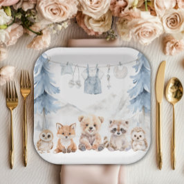 Dusty Blue Woodland Adventure Awaits Baby Shower ペーパープレート