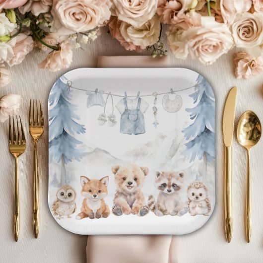 Dusty Blue Woodland Adventure Awaits Baby Shower ペーパープレート