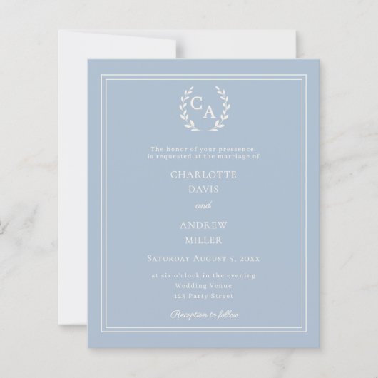 Dusty blue wreath monogram wedding invitation (正面)