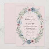 Dusty Blue Wreath Romance Wedding 招待状 (正面/裏面)