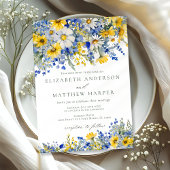 Dusty Blue Yellow Daisy Wildflowers Boho Wedding 招待状