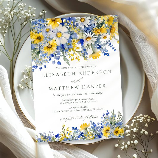 Dusty Blue Yellow Daisy Wildflowers Boho Wedding 招待状