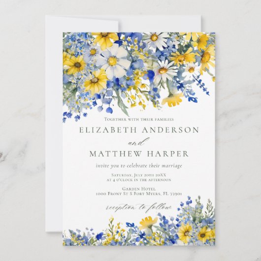 Dusty Blue Yellow Daisy Wildflowers Boho Wedding 招待状 (正面)