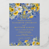 Dusty Blue Yellow Daisy Wildflowers Boho Wedding 箔招待状 (正面)