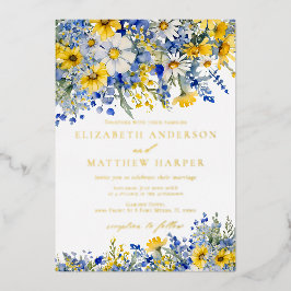 Dusty Blue Yellow Daisy Wildflowers Boho Wedding 箔招待状