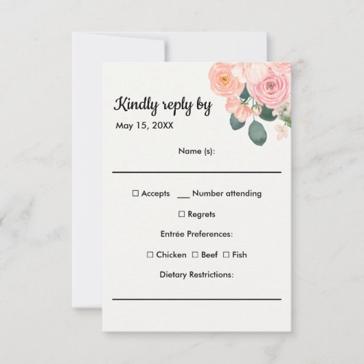Dusty Blush Pink Floral Meal Choice RSVP Card (正面)