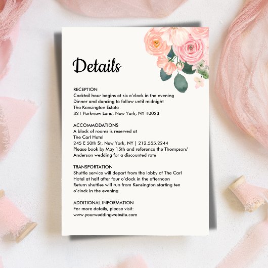 Dusty Blush Pink Floral Wedding Details Card エンクロージャーカード