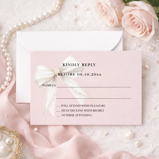 Dusty blush pink ivory bow response RSVP ノートカード