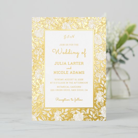 Dusty Brunt Orange Peony Flowers Fall Wedding 箔招待状 (立ち正面)