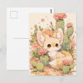 Dusty Coral Bloom Kawaii Fennec Fox ポストカード (正面/裏面)