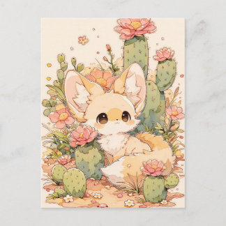 Dusty Coral Bloom Kawaii Fennec Fox ポストカード
