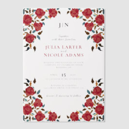 Dusty Elegant Golden Red Rose Flower Wedding ベラム紙招待状