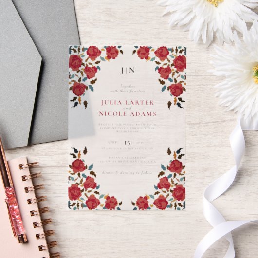 Dusty Elegant Golden Red Rose Flower Wedding ベラム紙招待状 (ウェディング)