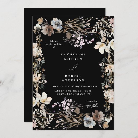 Dusty Fall Meadow Floral Wedding 招待状 (正面/裏面)