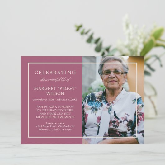 Dusty Fuchsia Minimal Celebrating Life Photo 招待状 (スタンド正面)