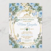 Dusty Green And Dusty Blue Floral Gold Quinceañera 招待状 (正面/裏面)