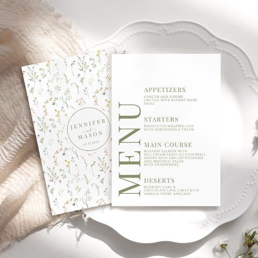 Dusty Green Flowers Wildflower Wedding Menu Cards エンクロージャーカード