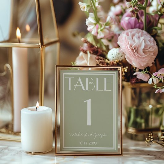 Dusty Green Ivory Old Money Wedding Table Number 招待状