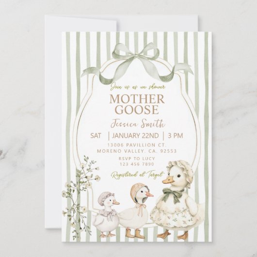 Dusty Green Mother Goose and Gosling Baby Shower 招待状 (正面)