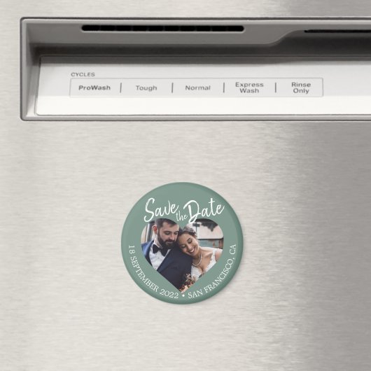 Dusty Green Photo Modern Script Save the Date マグネット (インサイチュ (食洗機))