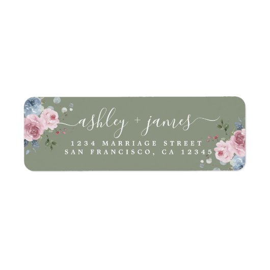 Dusty Green Pink Rose Return Address Label ラベル (正面)