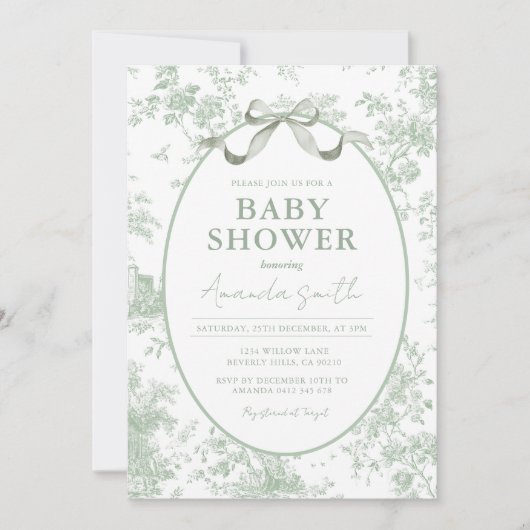 Dusty Green Sage Floral Toile Baby Shower Floral 招待状 (正面)