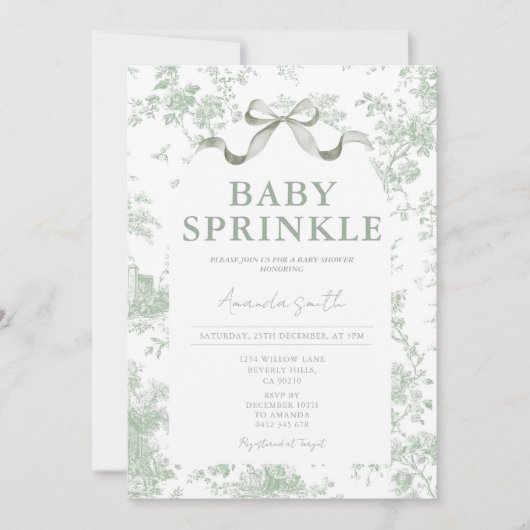 Dusty Green Sage Floral Toile Baby Sprinkle Floral 招待状 (正面)