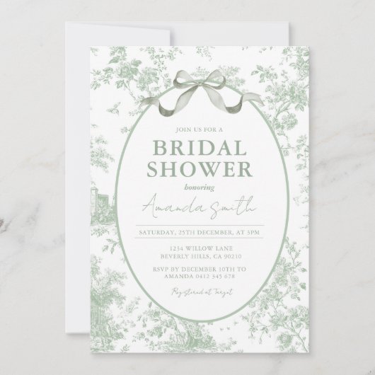 Dusty Green Sage Floral Toile Bridal Shower 招待状 (正面)