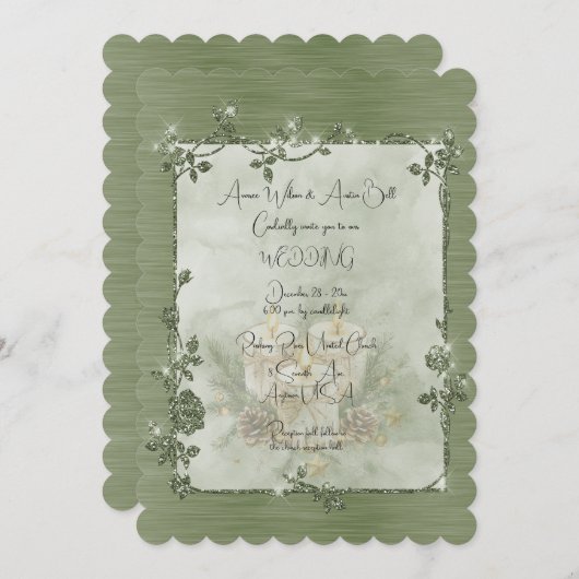 Dusty Green Shiny Elegant Sparkly Frame Wedding 招待状 (正面/裏面)
