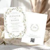 Dusty Green White Floral Wreath Bohemian Wedding 招待状