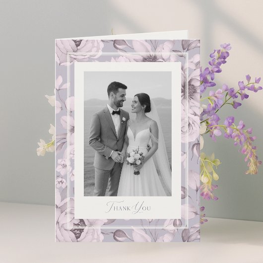 Dusty Lavender Floral Wedding Photo Thank You Card 招待状