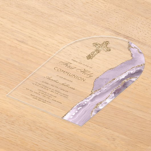 Dusty Lilac Agate First Communion アクリル招待状 (レイダウン)