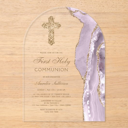 Dusty Lilac Agate First Communion アクリル招待状 (正面)