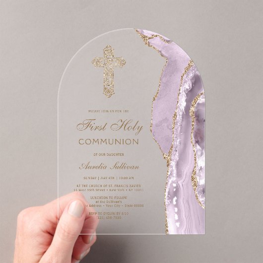 Dusty Lilac Agate First Communion アクリル招待状 (インサイチュ (ポータブル))