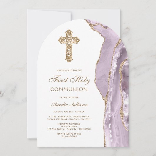 Dusty Lilac Agate First Communion Invitation 招待状 (正面)