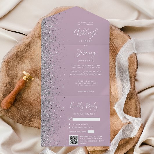 Dusty Lilac Silver Glitter QR Code Wedding オールインワン招待状