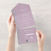 Dusty Lilac Silver Glitter QR Code Wedding オールインワン招待状 (貼ってはがせる)