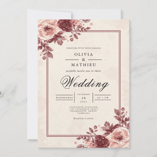 Dusty Mauve Floral Frame Wedding 招待状 (正面)