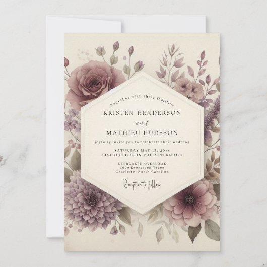 Dusty Mauve Floral Romance Wedding 招待状 (正面)