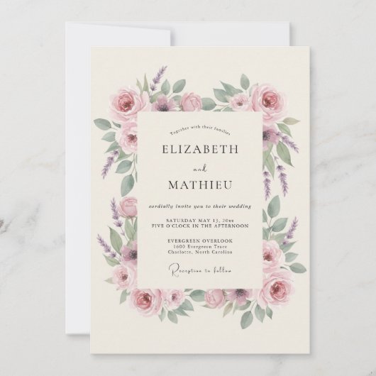 Dusty Mauve Floral Romance Wedding 招待状 (正面)