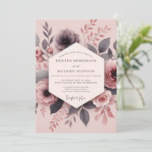 Dusty Mauve Hazy Bloom Wedding 招待状 (スタンド正面)