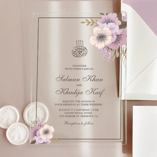 Dusty Mauve Pink Floral Islamic Muslim Wedding アクリル招待状