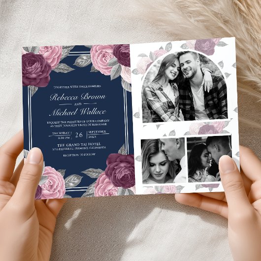 Dusty Mauve Purple Pink Rose QR Code Navy Wedding 招待状