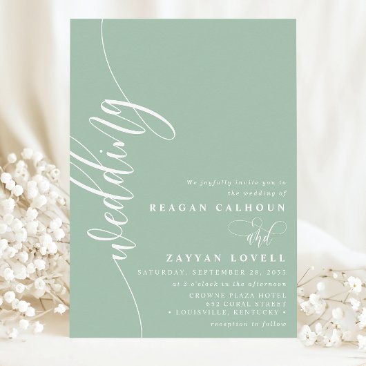 Dusty Mint Elegant Calligraphy Script Wedding 招待状