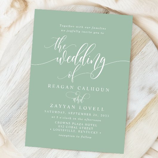 Dusty Mint Simple Modern Script Wedding 招待状
