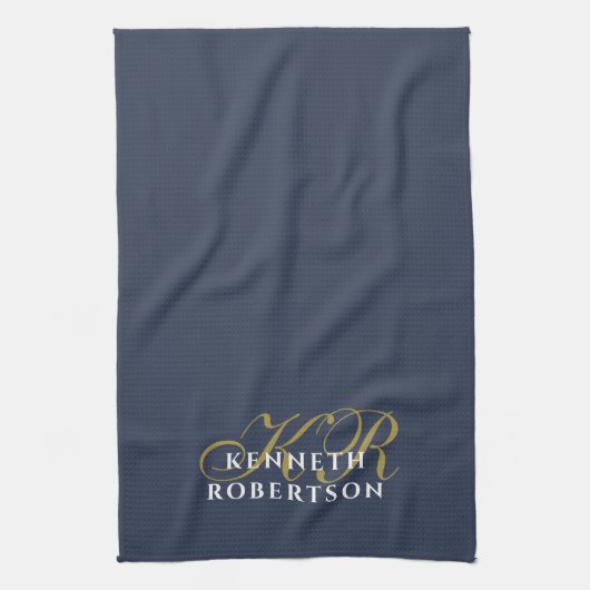 Dusty Navy Blue Monogram Minimalist Gold White Men キッチンタオル (縦)