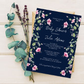 Dusty Navy Blue Pink Hibiscus Bloom Baby Shower 招待状