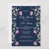 Dusty Navy Blue Pink Hibiscus Bloom Baby Shower 招待状 (正面)