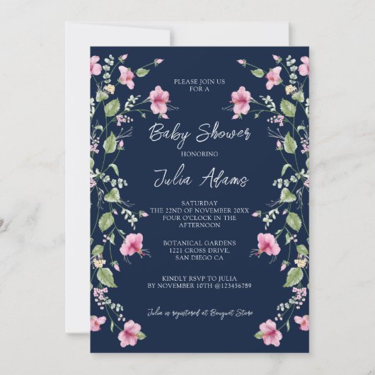 Dusty Navy Blue Pink Hibiscus Bloom Baby Shower 招待状 (正面)