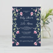 Dusty Navy Blue Pink Hibiscus Bloom Baby Shower 招待状 (スタンド正面)